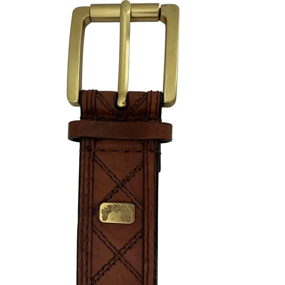 Mens Brown 100% Leather Belt Size Large Stitched Leather Goldtone Buckle Western